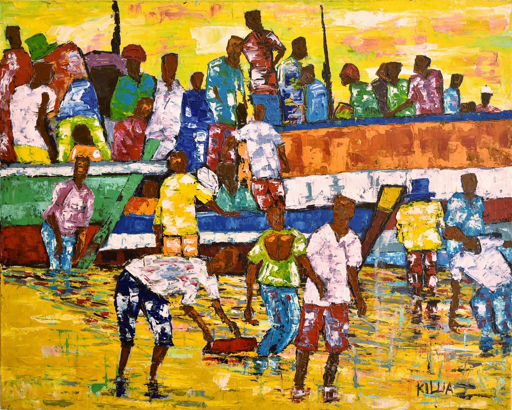 Olbild Afrikanische Malerei Personen Auf Dem Marktplatz 1963